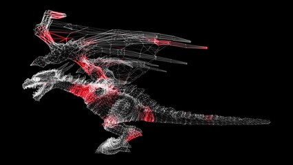 3D dragon on black background. Object made of shimmering particles. A fabulous fantasy concept. For title, text, presentation. 3d animation.