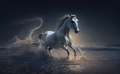Obraz na płótnie Canvas The white horse elegantly sprints along the mesmerizing waves of the sea. Moonbathing. Being bathed in moonlight. Generative AI,