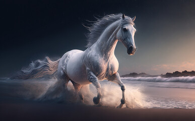 The white horse runs mysteriously along the shore of the sea. Moonlight bath. Basking in the moonlight.  Generative AI,