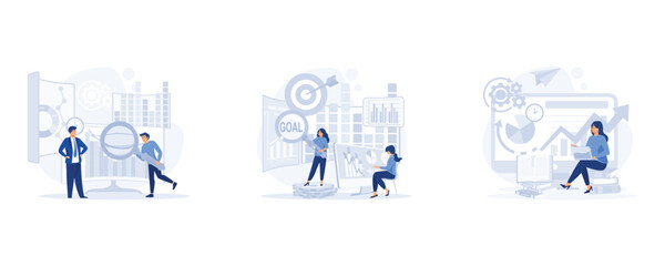 Data analysis for business finance investment, worker checking data analyst, Data driven business, set flat vector modern illustration 