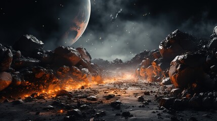 a rocky landscape with a planet in the background. Generative AI Art. - 618829213