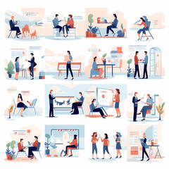 Business Marketing illustrations. Mega set. Collection of scenes with men and women taking part in business activities. Trendy vector style, Modern web business service set. Web development



