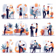 Business Marketing illustrations. Mega set. Collection of scenes with men and women taking part in business activities. Trendy vector style, Modern web business service set. Web development




