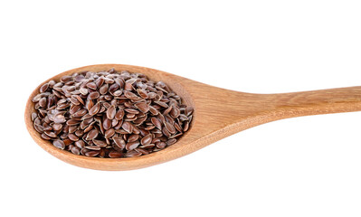 Flax seeds heap in wood spoon isolated on transparent png