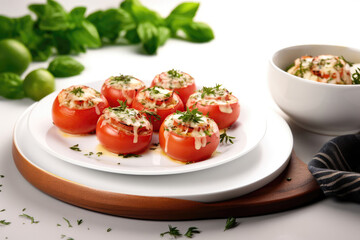 Cheese And Herb Stuffed Tomatoes On A White Background. Generative AI