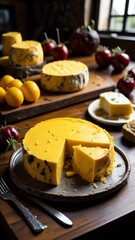 Generative AI wheel of cheese on a cutting board