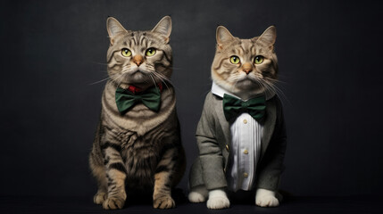 Fototapeta na wymiar Happy Cute Two Catswith Collars On Black Background. Generative AI