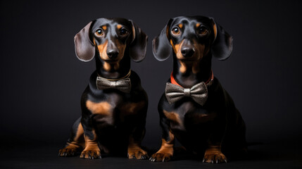 Happy Cute Two Dogs With Collars On Black Background. Generative AI