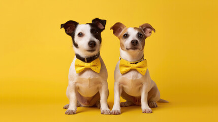 Happy Cute Two Dogs With Collars On Yellow Background. Generative AI