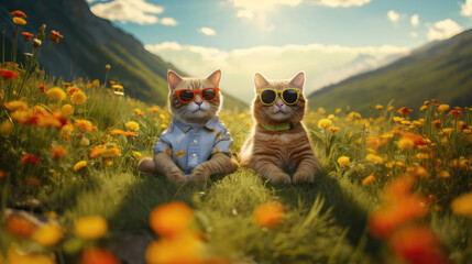 Sunglasses Happy Cute Two Cats With Collars On The Grass. Generative AI