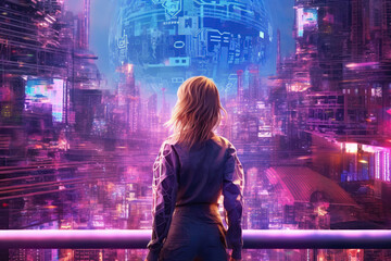Woman Back Cyberpank Cyber City Augmented Reality Hightech Fashion Digital Art. Generative AI - obrazy, fototapety, plakaty