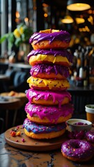 Generative AI colorful donuts stacked up on a cutting board