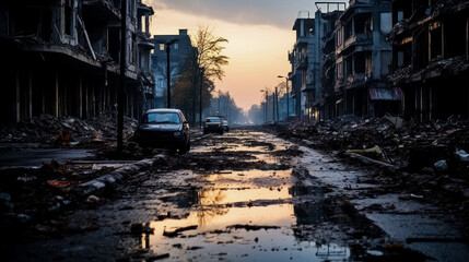 Streets of bombed city, background with empty space for text