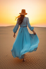 Fototapeta na wymiar Young woman in turqoise dress running on beach in sunset. Generative AI