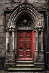Fototapeta na wymiar Red ancient old door of gothic cathedral. Generative ai
