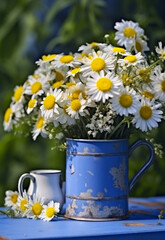 Fototapeta premium Blue tin mug with bunch of daisies. Generative AI
