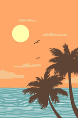 Creative aesthetic posters abstract background with palm trees, sun and sea, ocean. Vertical vector illustration with landscape minimalistic background.