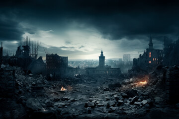 War-torn city with destroyed buildings background with empty space for text