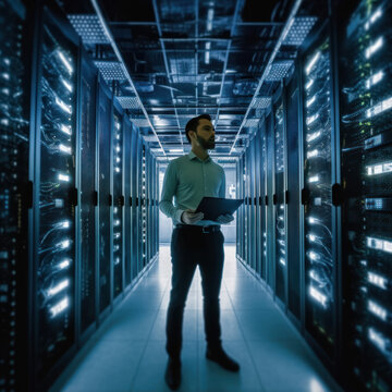 Cutting-edge Vision: Tech Guru in Futuristic Data Center Utilizing Laptop Amidst Warehouse, Streamlined Digitalization with Server-Based Information. SAAS, Cloud Computing, Web Service Empowered