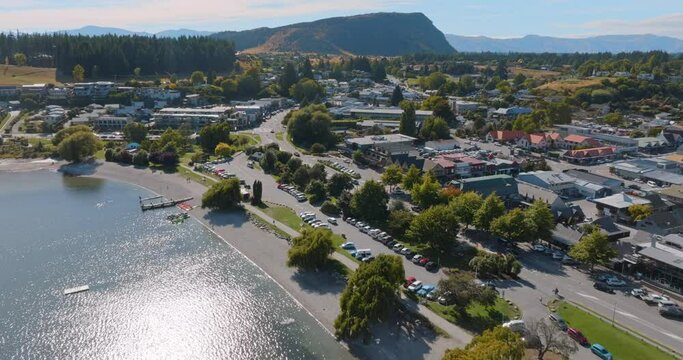 Aerial: Town of Wanaka. Otago, New Zealand
