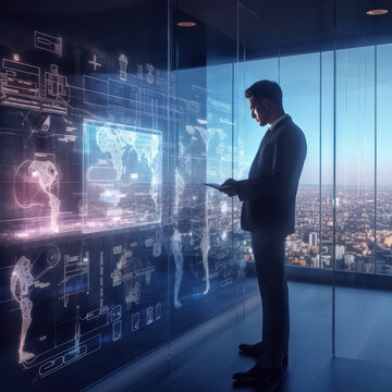 Cutting-edge Vision: Tech Guru in Futuristic Data Center Utilizing Laptop Amidst Warehouse, Streamlined Digitalization with Server-Based Information. SAAS, Cloud Computing, Web Service Empowered