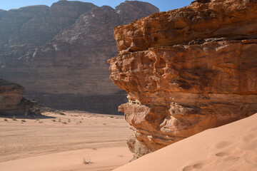 Arabian desert. Wadi Rum. Space landscape. Footprints in the sand. Filming location for many...