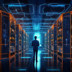 Cutting-edge Vision: Tech Guru in Futuristic Data Center Utilizing Laptop Amidst Warehouse, Streamlined Digitalization with Server-Based Information. SAAS, Cloud Computing, Web Service Empowered