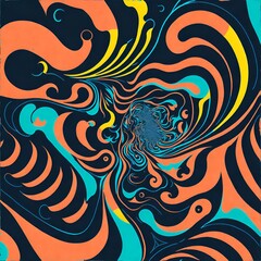Photo of a vibrant abstract painting with swirling blue and orange colors