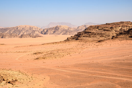 Arabian desert. Wadi Rum. Space landscape. Footprints in the sand. Filming location for many science fiction films.