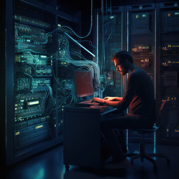 Cutting-edge Vision: Tech Guru in Futuristic Data Center Utilizing Laptop Amidst Warehouse, Streamlined Digitalization with Server-Based Information. SAAS, Cloud Computing, Web Service Empowered