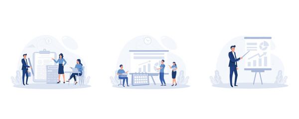 People and clipboard with financial document, calculator and pen, Working process, teamwork communication, businessman making presentation of business plan, set flat vector modern illustration