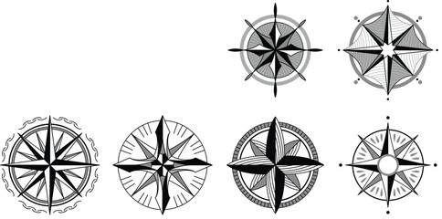 Wind rose compass. Navigation device with indication of the cardinal directions. Sign of vector nautical compass