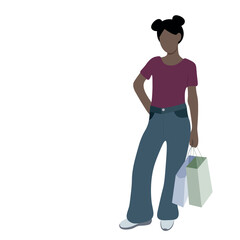 Full length portrait of a girl with dark skin with packages in her hand, isolated on white, shopping, faceless illustration