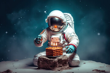 Astronaut with birthday cake. Celebration on the moon or planet. Generative AI