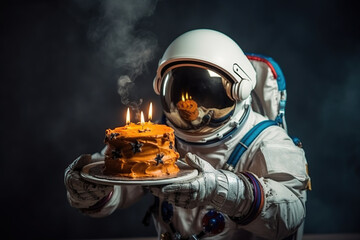 Astronaut with birthday cake. Celebration on the moon or planet. Generative AI