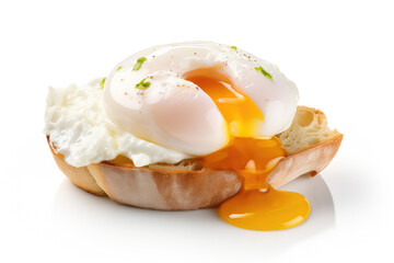 Sliced poached egg with liquid yolk flowing out on a slice of toasted bread isolated on a white background. Healthy bruschetta for breakfast with greenery. Generative AI. - obrazy, fototapety, plakaty