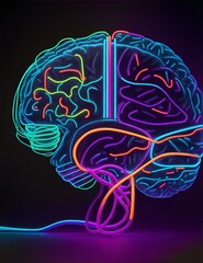 Photo of a neon-lit brain in the dark