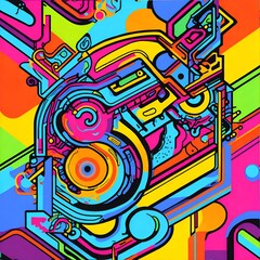 Photo of a vibrant abstract painting of a mechanical device against a colorful backdrop