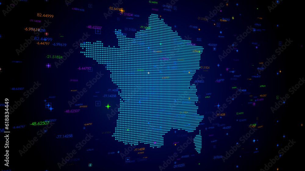 Poster futuristic blue colorful shiny digital technology hud dots mosaic grid france map perspective view w
