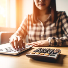 Modern AI-Generated Woman Working with Calculator in Office - Business Finance and Technology Concept