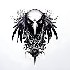 tattoo flash design of a raven skull, in black and white ink tattoo style, clean white back ground