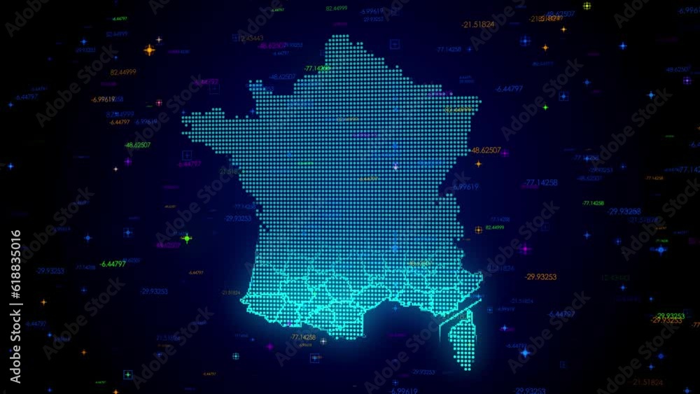 Poster futuristic motion view blue colorful shiny digital technology hud dots mosaic grid france map light 
