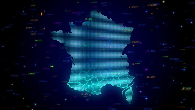 Futuristic Motion View Blue Colorful Shiny Digital Technology Hud Dots Mosaic Grid France Map Light Scanning With Numeric Tech Particles Background, Seamless Loop