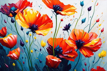 Red poppies flowers background, oil painting style illustration.