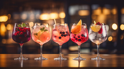  colorful gin tonic cocktails in wine glasses on bar counter in pub or restaurant,  Created using generative AI tools.