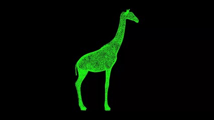 3D giraffe on black background. Object made of shimmering particles. Wild animals concept. Protection of the environment. For title, text, presentation. 3d animation.