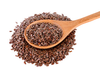 Flax seeds heap in wood spoon isolated on transparent png