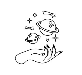 Cute cartoon planets and stars on hand, vector illustration for fashion, poster, card designs