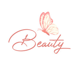 Beauty slogan with pink butterfly, vector design, fashion, card, cover, sticker, wall art print design