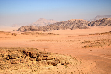 Arabian desert. Wadi Rum. Space landscape. Footprints in the sand. Filming location for many...